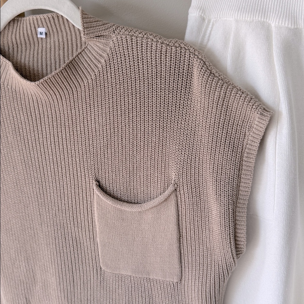 Amazon 2Pc Khaki Knit Top White High Waist Knit Jogger Pant Lounge Set M NWOT - Picture 7 of 16